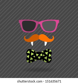 hipster halloween man with glasses, mustache, vampire teeth and bow