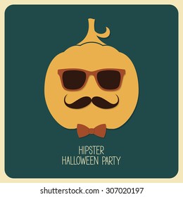 Hipster Halloween pumpkin with glasses, moustache and bow tie