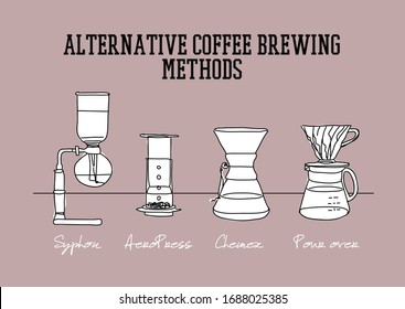 Hipster hand drawn alternative coffee brewing methods. Pour over, espresso. Vector design