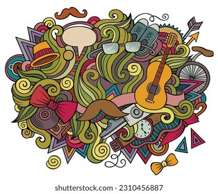 Hipster hand drawn cartoon doodles illustration. Funny people design. Creative art vector background. Hippie symbols, elements and objects. Colorful composition