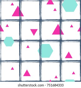 Hipster Hand Drawn Expressive Seamless Colorful Pattern Pop Print with Geo Shapes 