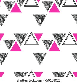 Hipster Hand Drawn Triangles Seamless  Pattern Pop art print with Palm Leaves Outlines in Black and Hot Pink 