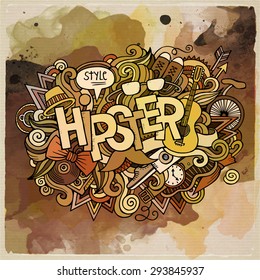 Hipster hand lettering and doodles elements and symbols emblem. Vector watercolor stains background