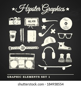 Hipster hand-drawn graphic set with glasses, sneakers, headphones, cameras and other objects on chalkboard background, eps10
