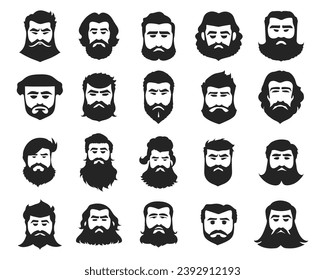 Hipster Handsome Bearded Men Faces Set. Men Faces with different Haircuts and Bearded Vector for Barbershop on a Transparent Background