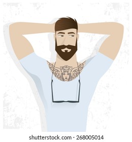 Hipster handsome tattooed man in vector illustration