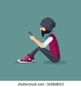 Hipster handsome young man sitting and using mobile smart phone. 
Isolated long beard man in hat looking to vintage fashion website on cell phone screen through trendy glasses. Character illustration.