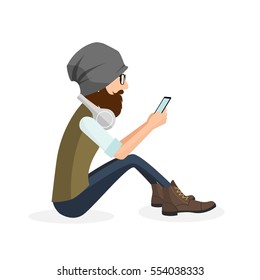 Hipster handsome young man sitting and using mobile smart phone vector illustration. Isolated long beard man in hat looking to vintage fashion website on cell phone screen through trendy glasses.