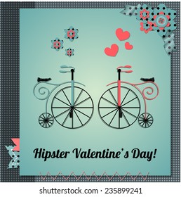 Hipster Happy valentines day cards with two bicycles. hearts. flowers and ribbons