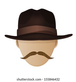 Hipster hat and mustache over white background
