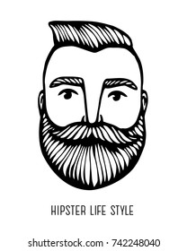 Hipster head with beard. Hand-Drawn Doodle. Vector Illustration - stock vector. Hand drawn cartoon character. Bearded man