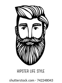 Hipster head with beard. Hand-Drawn Doodle. Vector Illustration - stock vector. Hand drawn cartoon character. Bearded man