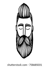 Hipster head with beard. Hand-Drawn Doodle. Vector Illustration - stock vector. Hand drawn cartoon character. Bearded man logo