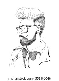 Hipster head with beard, sunglasses. Silhouette man fashion, retro, vintage style  on white background. 