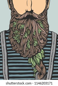 Hipster head with blooming beard with leafs. Hand-Drawn Doodle. Vector Illustration. Hand drawn cartoon character. Bearded man template