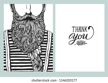 Hipster head with blooming beard with leafs. Hand-Drawn Doodle. Vector Illustration. Hand drawn cartoon character. Bearded man template