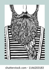 Hipster head with blooming beard with leafs. Hand-Drawn Doodle. Vector Illustration. Hand drawn cartoon character. Bearded man template