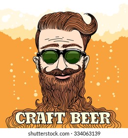 Cabeza Hipster con barba gigante con cerveza de nata contra espuma de cerveza y burbujas. Ilustración colorida en estilo retro. 