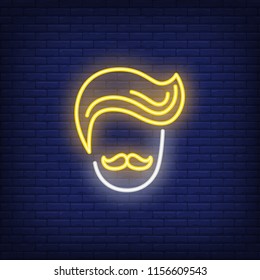 Hipster head neon sign. Barbershop, style and fashion concept. Advertisement design. Night bright colorful billboard, light banner. Vector illustration in neon style.