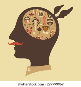 Hipster head with thoughts about colorful flowers and leaves.