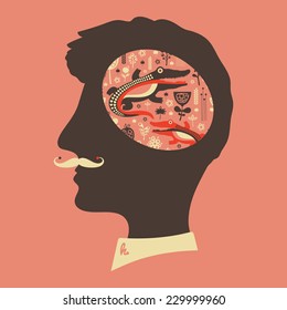 Hipster head with thoughts about crocodiles and flowers.
