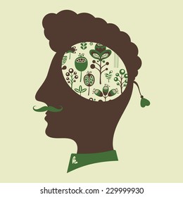 Hipster head with thoughts about plants and flowers.