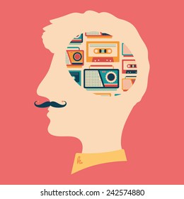 Hipster head with thoughts about tape recorders and cassettes.