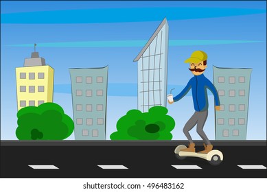 Hipster heading somewhere in a city by his gyroscope.