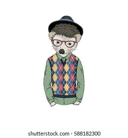 hipster hedgehog boy, furry art illustration, fashion animals