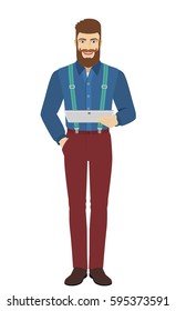 Hipster holding digital tablet PC. Full length portrait of hipster in a flat style. Vector illustration.