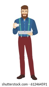Hipster holding digital tablet PC and showing the business card. Full length portrait of hipster in a flat style. Vector illustration.