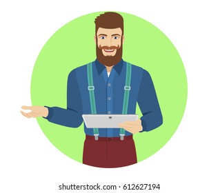 Hipster holding digital tablet PC gesturing. Portrait of hipster character in a flat style. Vector illustration.