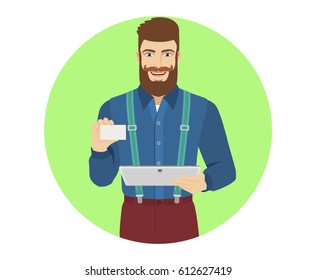 Hipster holding digital tablet PC and showing the business card. Portrait of hipster character in a flat style. Vector illustration.