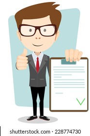 Hipster Holding a Document in Which All Approved, Validated, Agreed. The Document Put the Green Check Mark, Flags. Vector Illustration