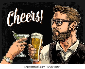 Hipster holding glass of beer and clinking woman hand with cocktail. Cheers toast lettering. Vintage vector color engraving illustration for poster, invitation to party. Isolated on dark background.