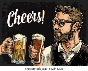 Hipster holding glass of beer and clinking. Cheers toast lettering. Vintage vector color engraving illustration for web, poster, invitation to party. Isolated on dark background.