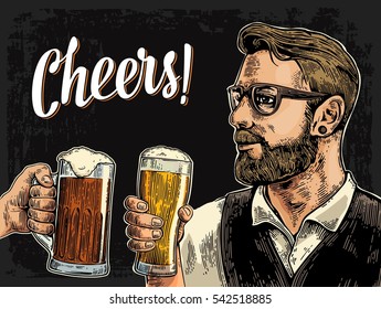 Hipster holding glass of beer and clinking. Cheers toast lettering. Vintage vector color engraving illustration for web, poster, invitation to party. Isolated on dark background.