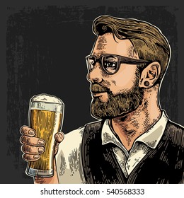 Hipster holding glass of beer. Vintage vector engraving illustration for web, poster, invitation to party. Isolated on dark background.