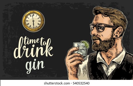 Hipster holding a glass of gin and antique pocket watch. Vintage vector engraving illustration for web, poster, invitation to party. Time to Drink lettering. Isolated on dark background.