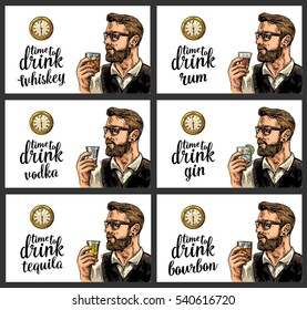 Hipster holding a glasses with alcohol drinks and antique pocket watch. Vintage vector engraving illustration for poster, invitation to party. Time to Drink lettering. Isolated on white background.