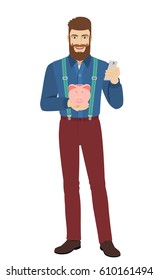 Hipster holding mobile phone and piggy bank. Full length portrait of hipster in a flat style. Vector illustration.