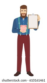 Hipster holding piggy bank and clipboard. Full length portrait of hipster in a flat style. Vector illustration.