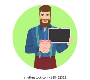 Hipster holding a piggy bank and digital tablet. Portrait of character in a flat style. Vector illustration.
