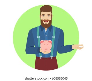 Hipster holding a piggy bank and gesturing. Portrait of hipster in a flat style. Vector illustration.