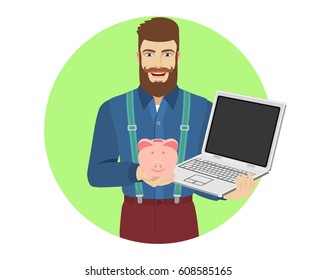 Hipster holding a piggy bank and laptop notebook. Portrait of hipster in a flat style. Vector illustration.