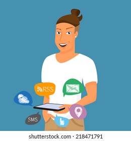 Hipster holds a tablet pc in his hand with internet symbols.