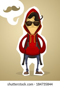 Hipster in the hood and with backpack