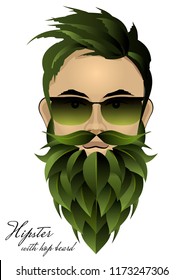 Hipster with hop green beard. Oktoberfest character. Vector illustration.