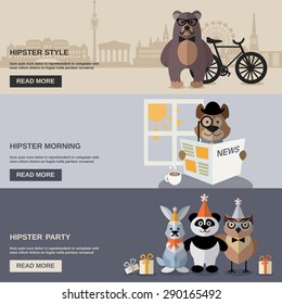 Hipster horizontal banner set with animal characters isolated vector illustration