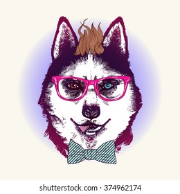 Hipster husky dog in sunglasses. Hand drawn fashion animal illustration. 